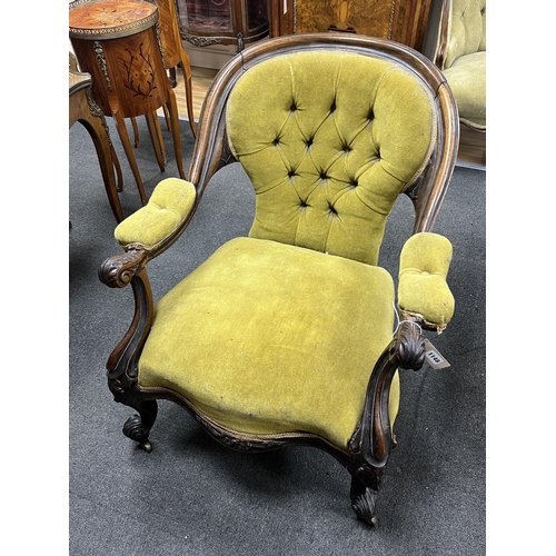 1176 - A Victorian rosewood upholstered open armchair, width 71cm, depth 72cm, height 79cm