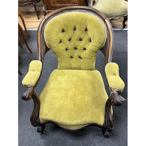 1176 - A Victorian rosewood upholstered open armchair, width 71cm, depth 72cm, height 79cm