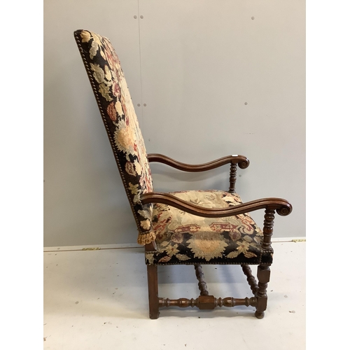 1182 - An upholstered 18th century style French walnut elbow chair, width 62cm, depth 78cm, height 122cm... 