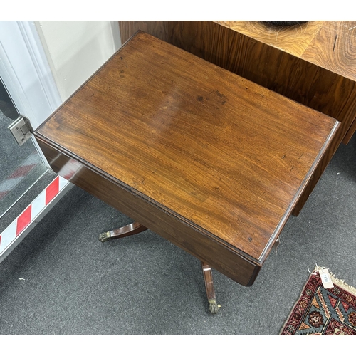 1186 - A Regency ebony strung mahogany drop flap two drawer work table, width 45cm, depth 64cm, height 67cm... 