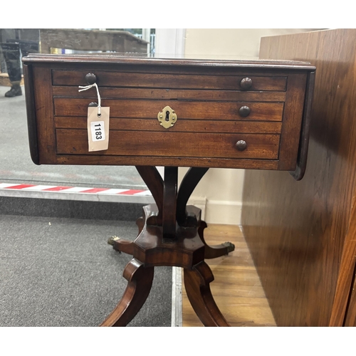 1186 - A Regency ebony strung mahogany drop flap two drawer work table, width 45cm, depth 64cm, height 67cm... 