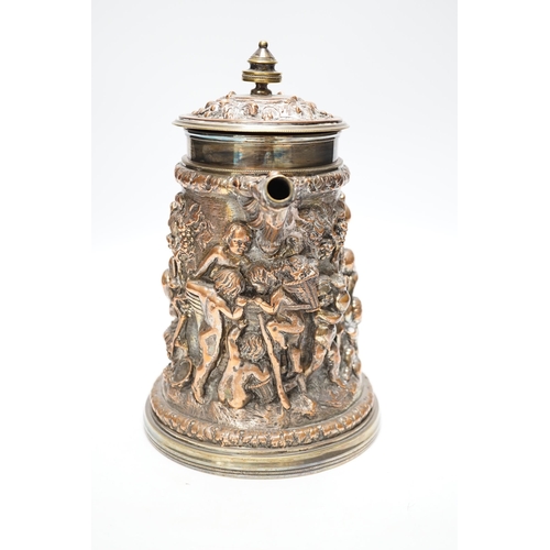 1256 - A Victorian electrotype relief putti jug with hinged cover. 24cm high