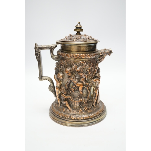 1256 - A Victorian electrotype relief putti jug with hinged cover. 24cm high