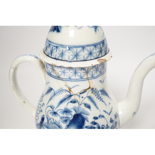 1260 - A late 18th century blue and white pearlware coffee pot and cover, 22cm high