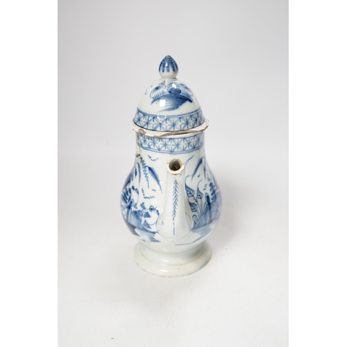 1260 - A late 18th century blue and white pearlware coffee pot and cover, 22cm high