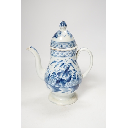 1260 - A late 18th century blue and white pearlware coffee pot and cover, 22cm high