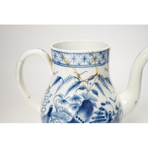 1260 - A late 18th century blue and white pearlware coffee pot and cover, 22cm high