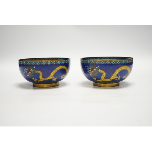 1272 - A pair of Chinese cloisonné enamel bowls decorated with dragons, c.1890-1910, signed lao tian li zhi... 