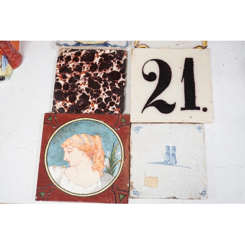 1286 - A collection of Continental tiles including 17th & 18th century Delft, Pre-Raphaelite style and two ... 