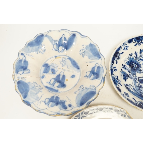 1291 - A Delft lobed blue and white dish, 1680-1700 and two 18th century Delft plates, largest 21cm in diam... 