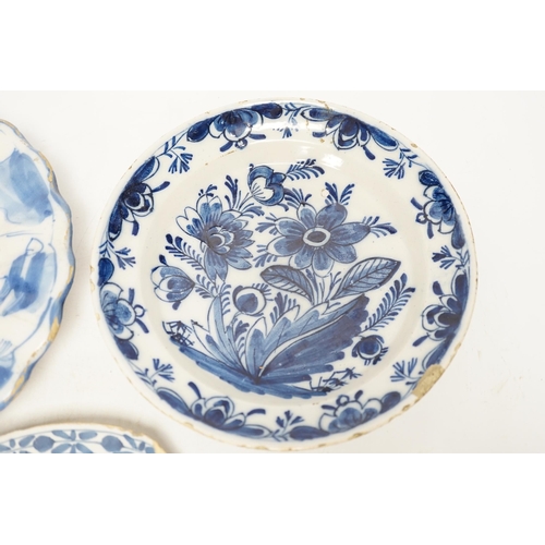 1291 - A Delft lobed blue and white dish, 1680-1700 and two 18th century Delft plates, largest 21cm in diam... 