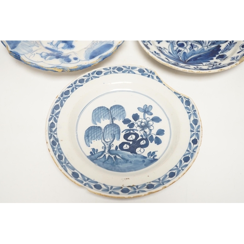 1291 - A Delft lobed blue and white dish, 1680-1700 and two 18th century Delft plates, largest 21cm in diam... 