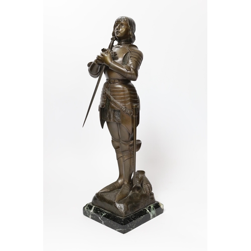 1293 - Ruffony, bronze study of Joan d'Arc, raised on square marble base signed, 33cm high