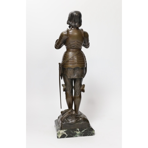 1293 - Ruffony, bronze study of Joan d'Arc, raised on square marble base signed, 33cm high