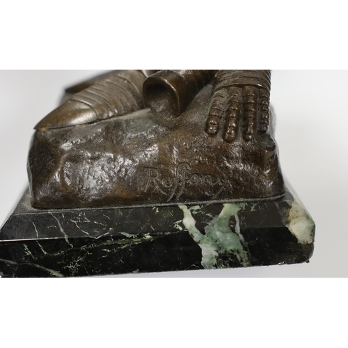 1293 - Ruffony, bronze study of Joan d'Arc, raised on square marble base signed, 33cm high