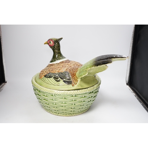 1306 - A large modern majolica style 'nesting pheasant' bowl and cover, bowl diameter 29.5cm