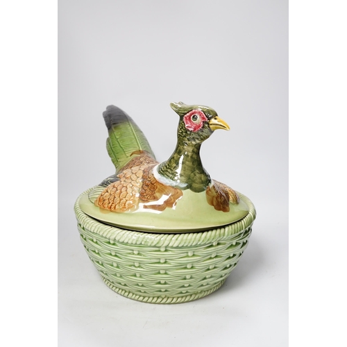 1306 - A large modern majolica style 'nesting pheasant' bowl and cover, bowl diameter 29.5cm