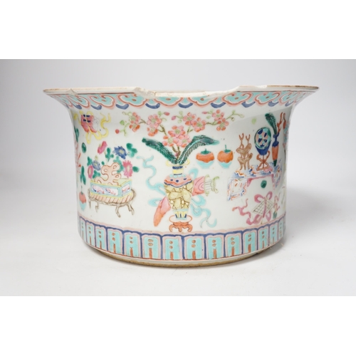 1309 - A late 19th century Chinese famille rose planter, decorated with precious objects, 16.5cm high (a/f)... 