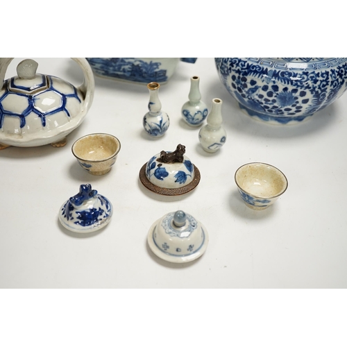 1320 - A Japanese Hirado turtle teapot, an 18th century Chinese blue and white tureen and cover, an early... 