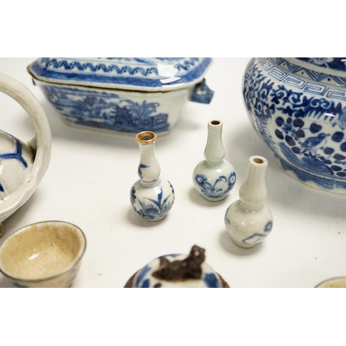 1320 - A Japanese Hirado turtle teapot, an 18th century Chinese blue and white tureen and cover, an early... 