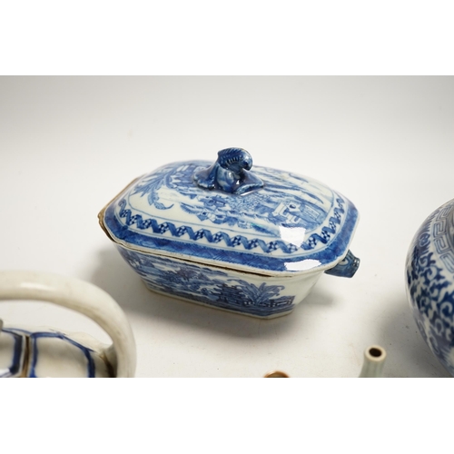 1320 - A Japanese Hirado turtle teapot, an 18th century Chinese blue and white tureen and cover, an early... 