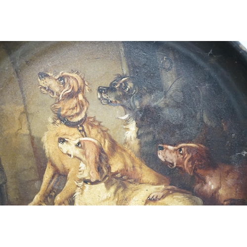 1324 - A late 19th century painted papier mache dish, Ready for the Sport, decorated with seated spaniels, ... 