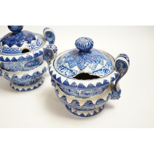 1328 - 'Eatington Hall. Warwickshire' pattern - a pair of Riley blue and white pearlware sauce tureens and ... 