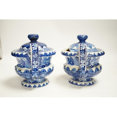 1328 - 'Eatington Hall. Warwickshire' pattern - a pair of Riley blue and white pearlware sauce tureens and ... 