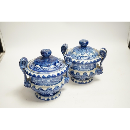 1328 - 'Eatington Hall. Warwickshire' pattern - a pair of Riley blue and white pearlware sauce tureens and ... 