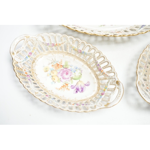 1331 - A trio of Dresden pierced floral painted porcelain oval baskets,