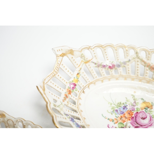 1331 - A trio of Dresden pierced floral painted porcelain oval baskets,