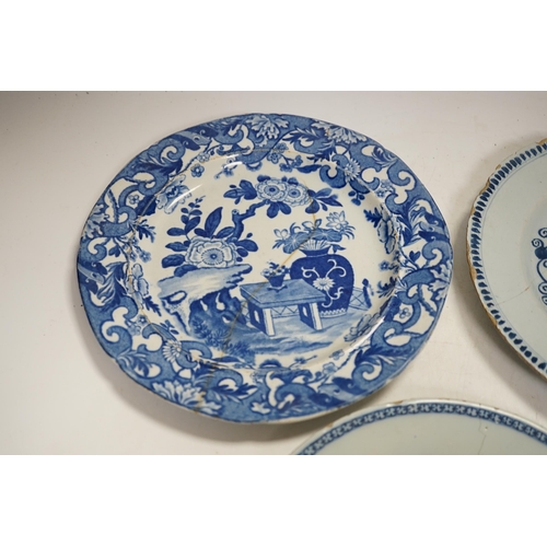 1339 - Two 18th century Delft plates and a 19th century Masons Crown Inn plate-24cm diameter