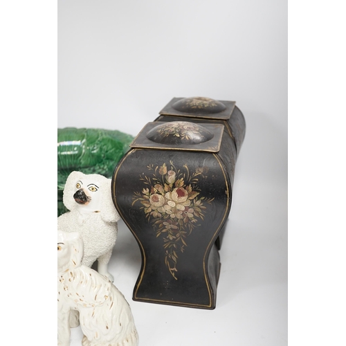 1348 - Three Staffordshire dogs, a green leaf pedestal dish and a pair of toleware vases, pedestal dish 30c... 