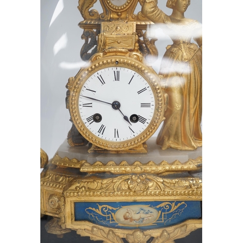 1351 - A French ormolu figural mantel clock with porcelain plaque under dome, 43cm high