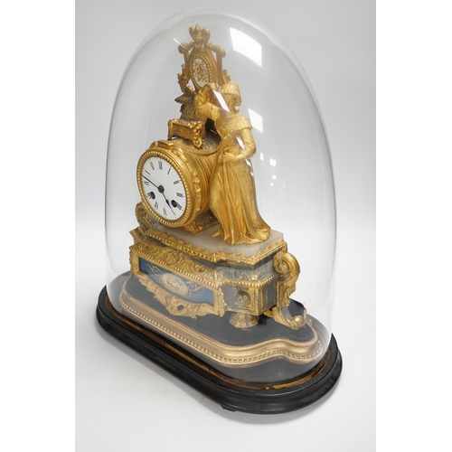 1351 - A French ormolu figural mantel clock with porcelain plaque under dome, 43cm high