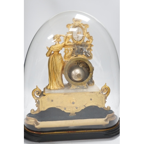 1351 - A French ormolu figural mantel clock with porcelain plaque under dome, 43cm high