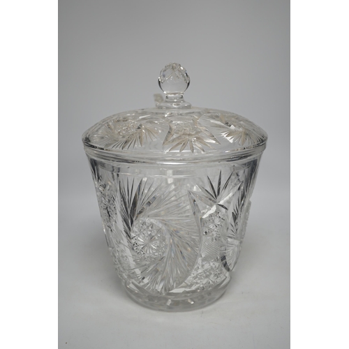 1355 - A large and heavy slice-cut lead crystal punch jar and cover, together with a ladle, 33cm