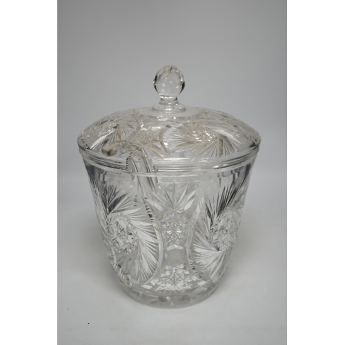 1355 - A large and heavy slice-cut lead crystal punch jar and cover, together with a ladle, 33cm