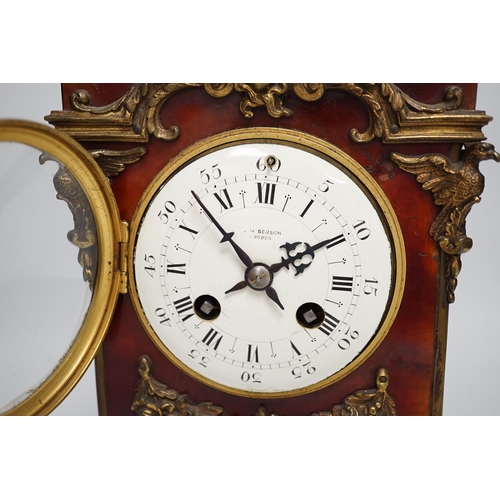 1357 - A late 19th century French tortoiseshell veneered mantel clock with cupid top, striking on a coiled ... 