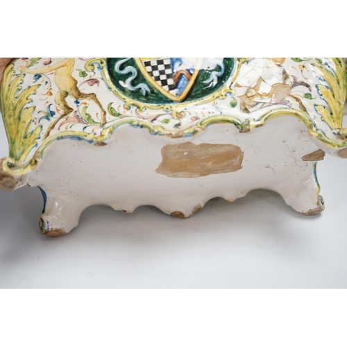 1359 - A Two French faience pottery planters, one with armorial crest and another, longer 34cm (2)