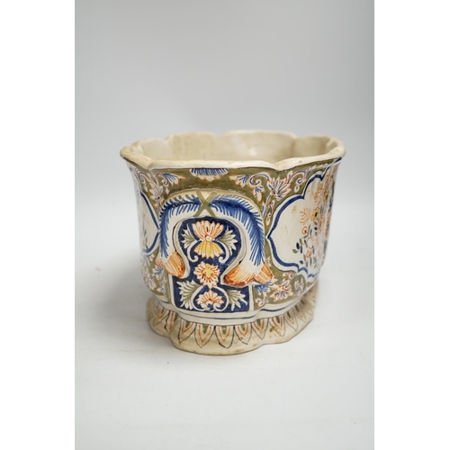 1359 - A Two French faience pottery planters, one with armorial crest and another, longer 34cm (2)