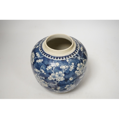 1363 - A 19th century Chinese blue and white prunus jar and cover, together with two similar tiles, jar 21c... 