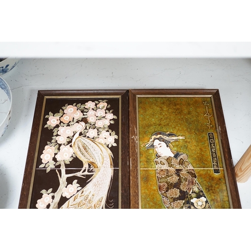 1366 - Maw & Co., Stoke on Trent, two framed tile pictures, 65x24cm total