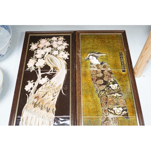 1366 - Maw & Co., Stoke on Trent, two framed tile pictures, 65x24cm total