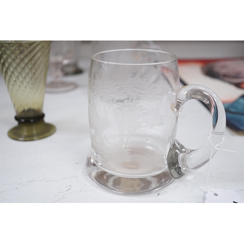 1368 - A set of four engraved glass mugs, a pair of rummers, an oval biscuit box etc