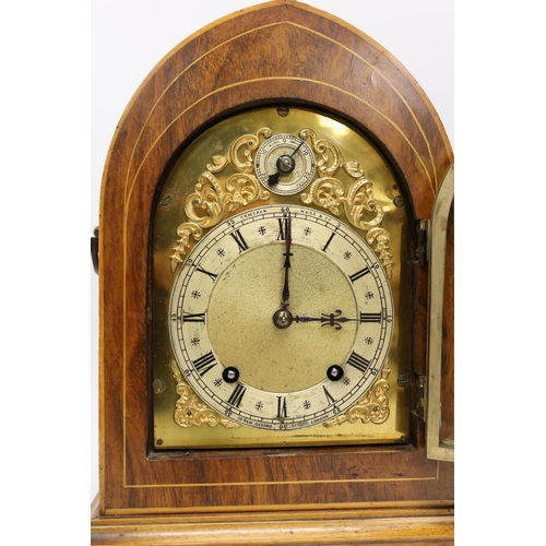 1395 - An Edwardian inlaid rosewood lancet mantel clock by Camerer Kuss & Co, German movement, 34cm high... 