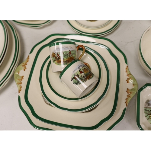 1401 - A Copeland Spode hunting pattern tea / coffee set including coffee pot, tea pot and trios, together ... 