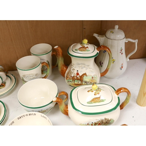 1401 - A Copeland Spode hunting pattern tea / coffee set including coffee pot, tea pot and trios, together ... 