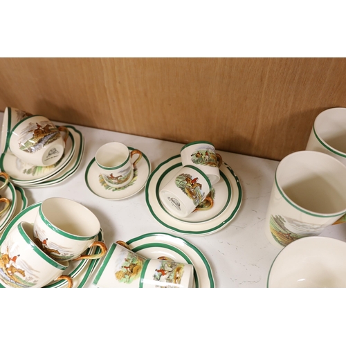 1401 - A Copeland Spode hunting pattern tea / coffee set including coffee pot, tea pot and trios, together ... 