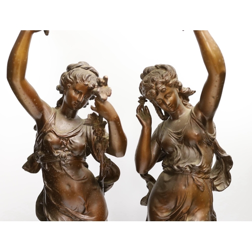 1402 - A pair of patinated spelter figural lamp bases, 63high not including light fitting